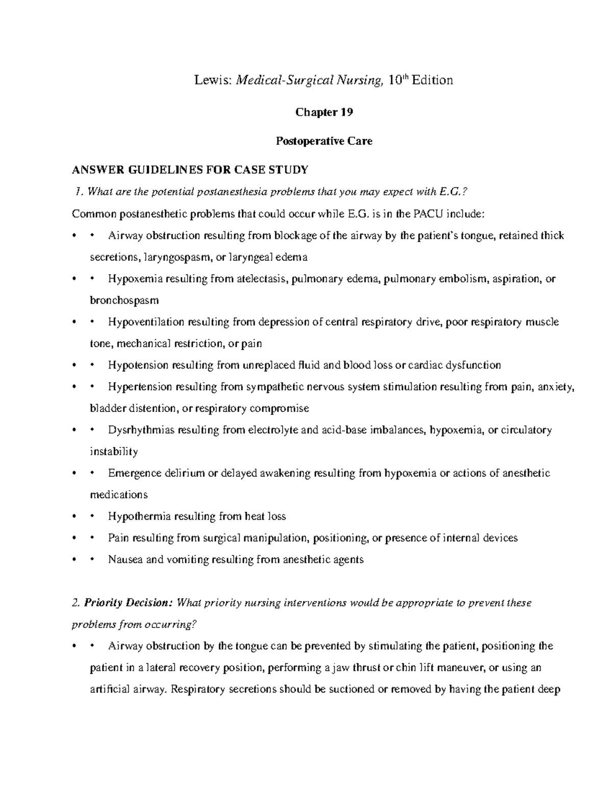 Lewis Case Study 11th Ed. - Chapter 19 Post Op - Lewis: Medical ...