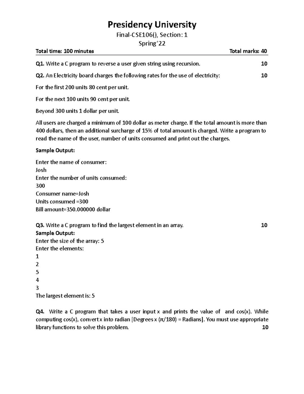CSE106 Final - Presidency University Final-CSE106(), Section: 1 Spring ...