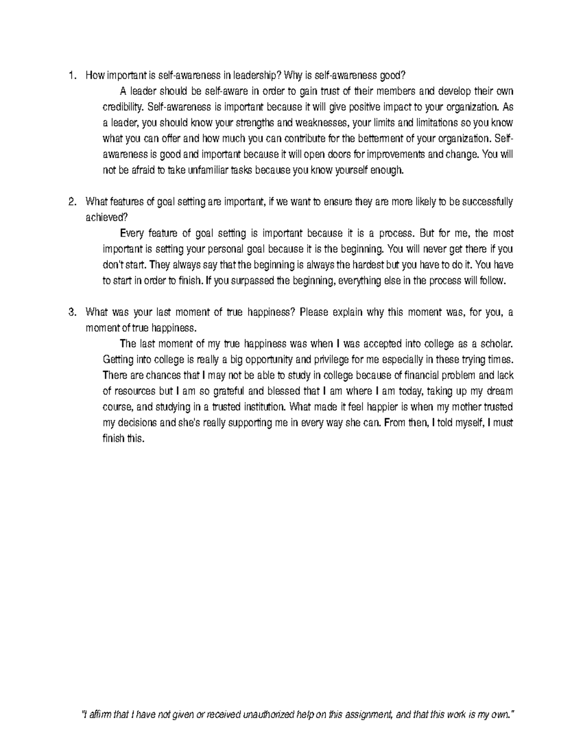 NSTP Grade A 1 Important Is Self awareness In Leadership Why Is