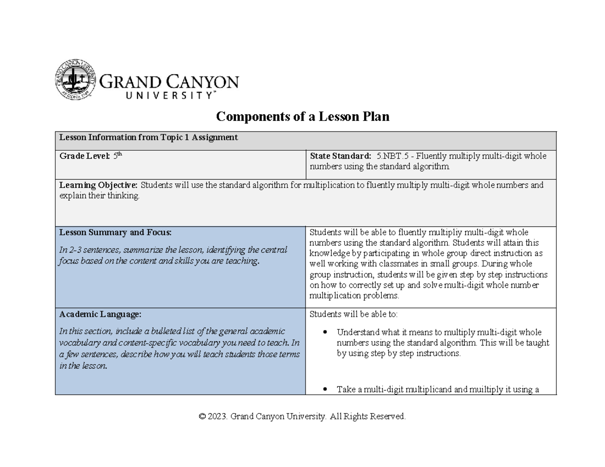 ELM 555 RS T4 Components Of ALesson Plan - Components of a Lesson Plan ...