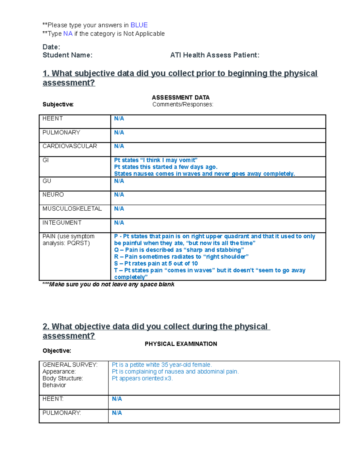 Ati Health Assess Response Template Please Type Your Answers In Blue Type Na If The