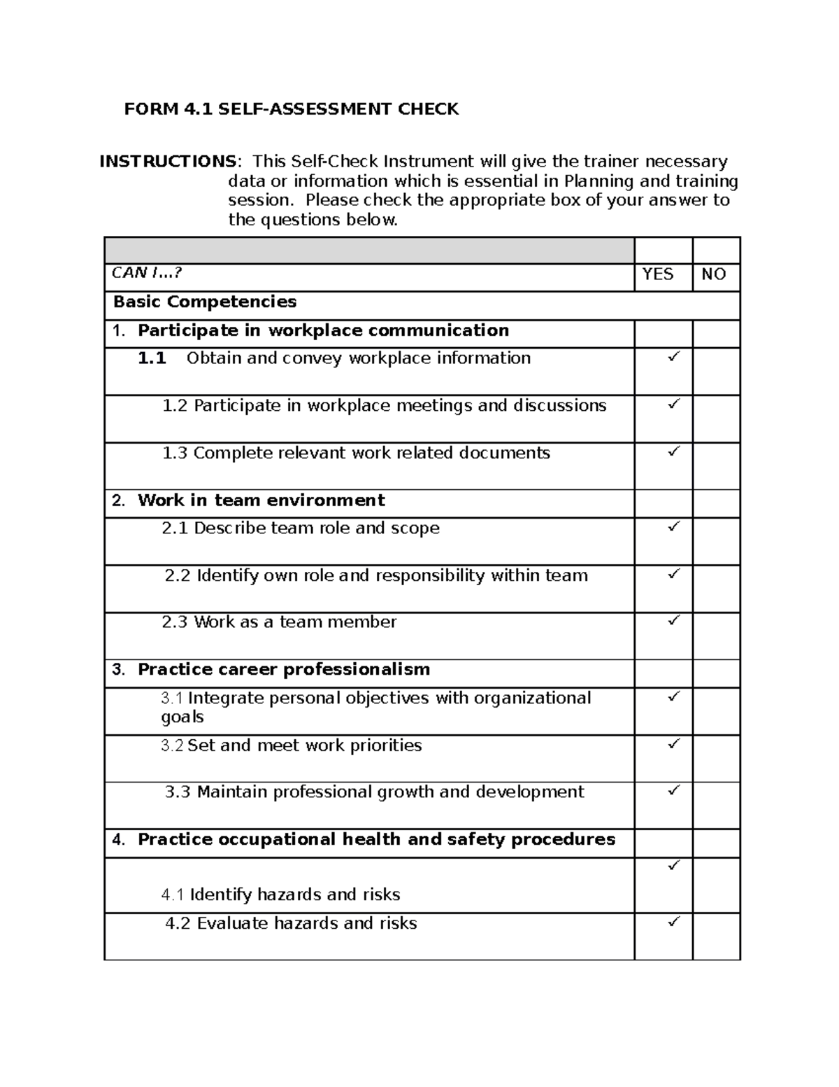 Form 4.1 Self assessment check for trainers 1 FORM 4 SELFASSESSMENT