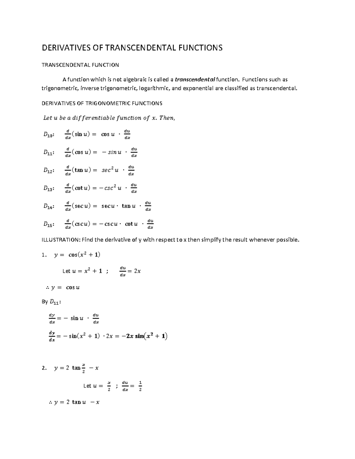 Transcendental Functions - DERIVATIVES OF TRANSCENDENTAL FUNCTIONS ...