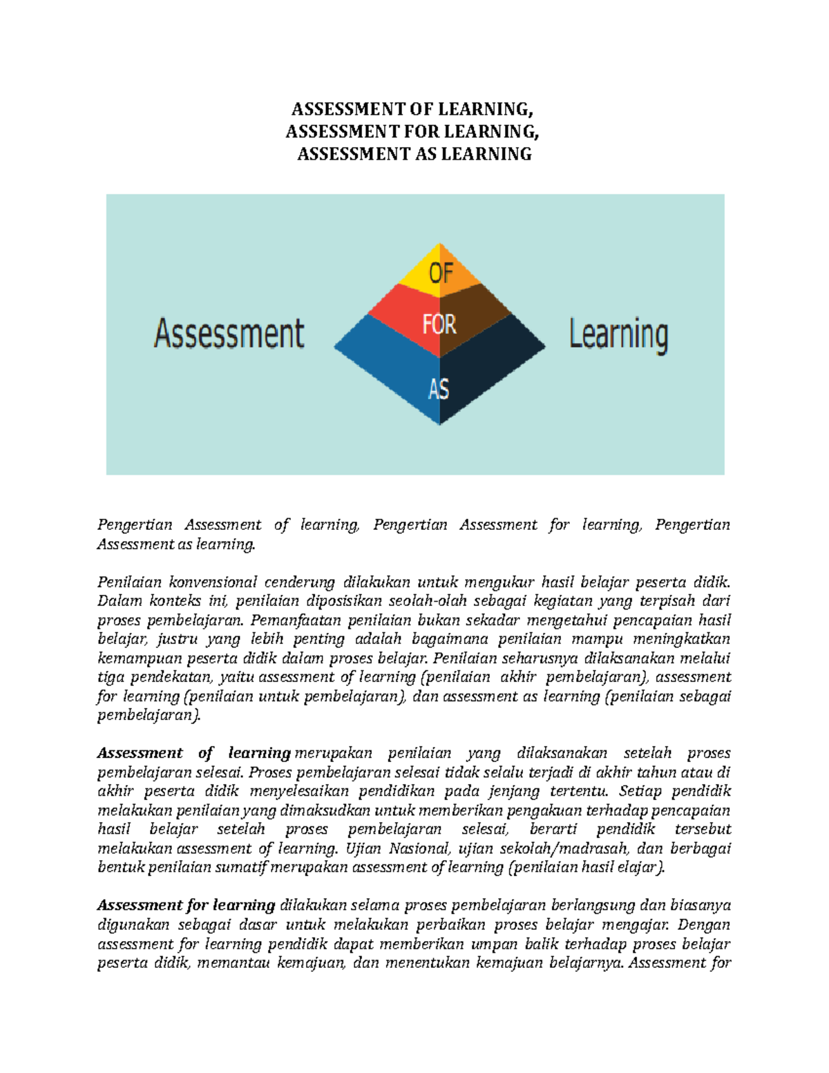 Assessment OF Learning - ASSESSMENT OF LEARNING, ASSESSMENT FOR ...