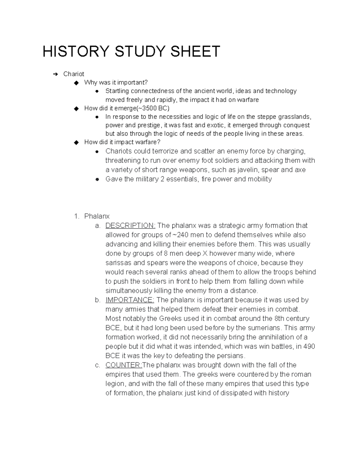 History Study Sheet - HISTORY STUDY SHEET Chariot Why was it important ...