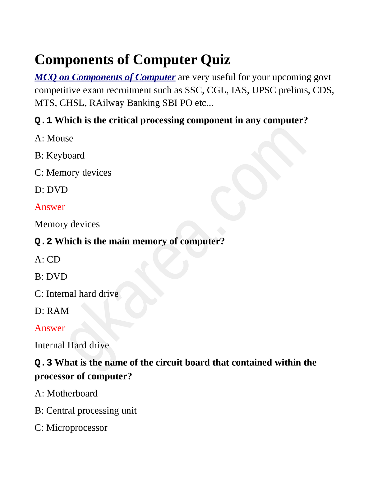 Components Computer Mcq - Components Of Computer Quiz MCQ On Components ...