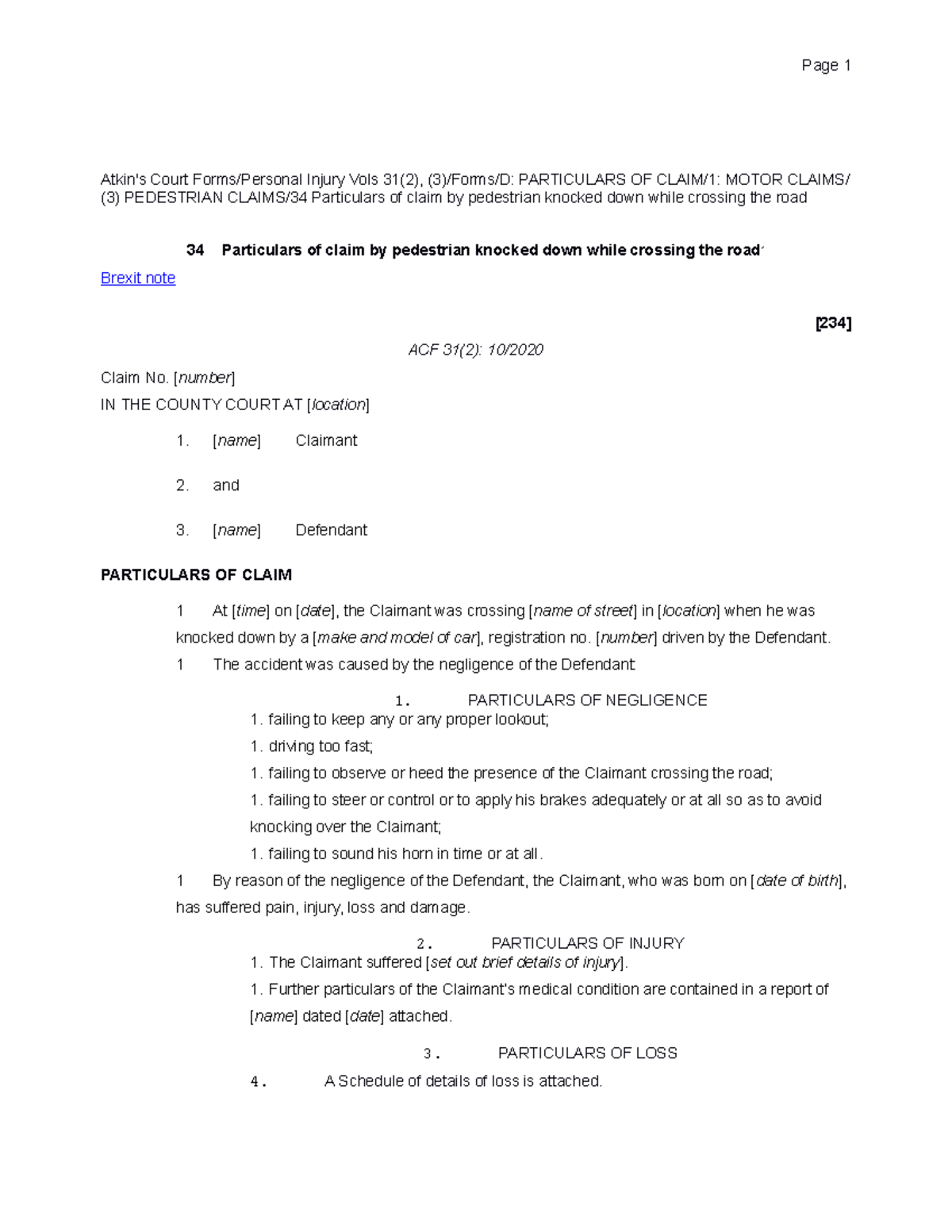 W2 Atkins Form 34 Particulars of claim by pedestrian knocke Page 1