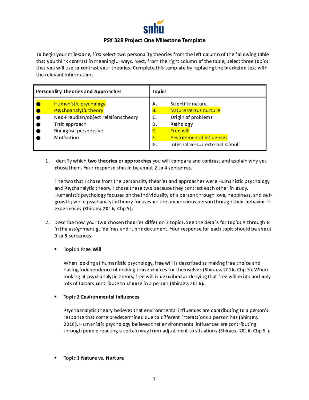 PSY 328 Project One Milestone Template - Next, From The Right Column Of ...