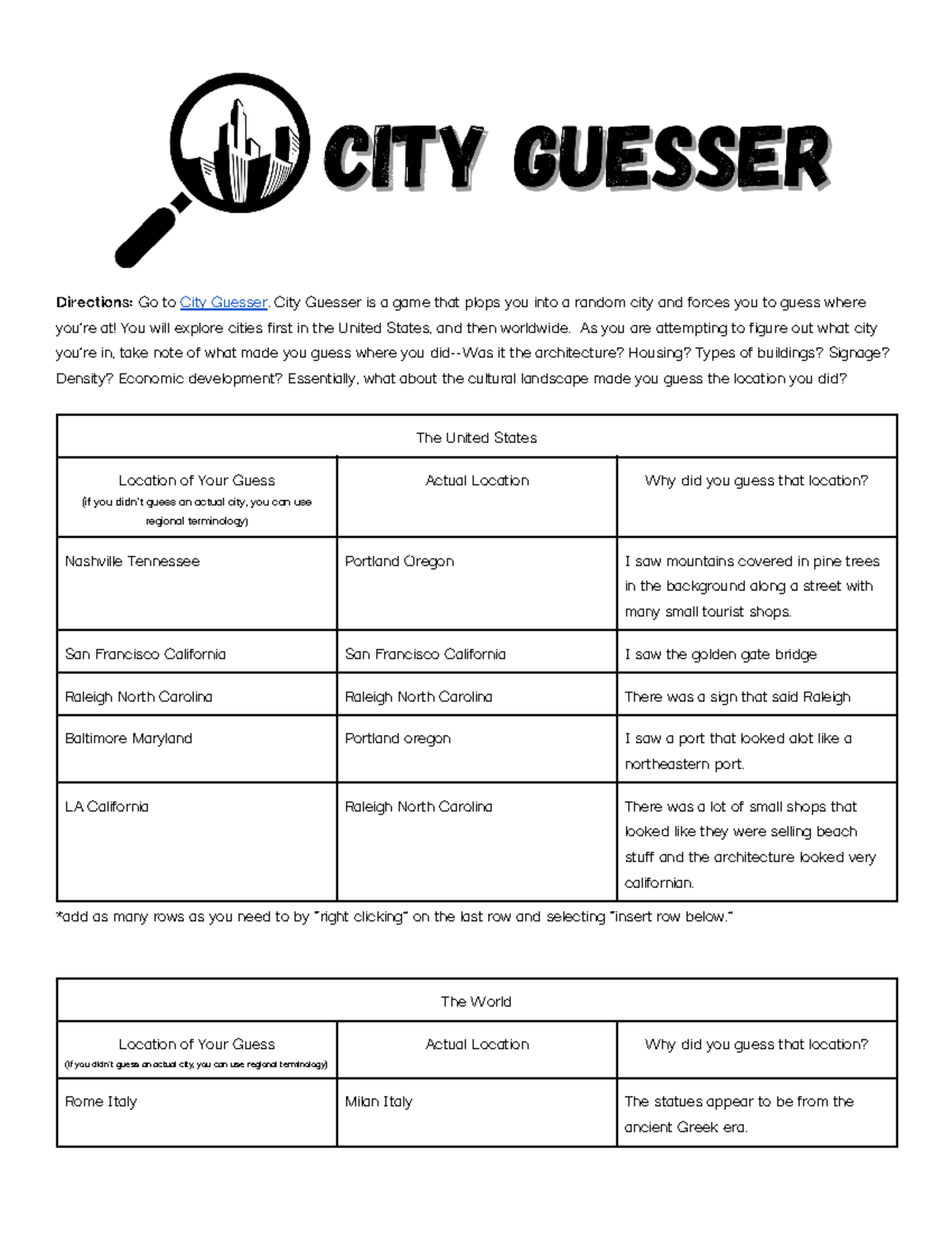 Copy of Unit 6 City Guesser - Directions: Go to City Guesser. City Guesser  is a game that plops you - Studocu