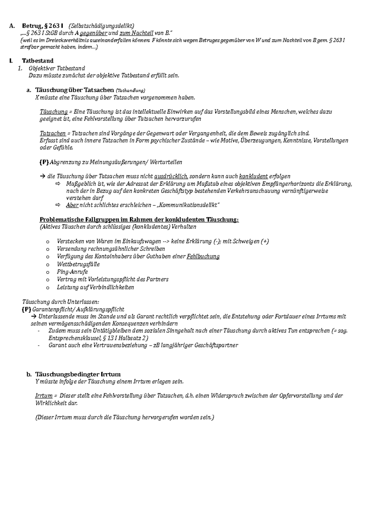 Besonders Schwerer Fall Des Betruges Schema Betrug - Schema ausformuliert - A. Betrug, § 263 I