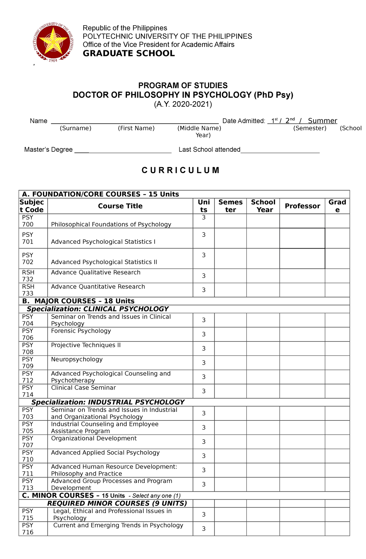 DPP Curriculum - Psych. Subjects - PROGRAM OF STUDIES DOCTOR OF ...