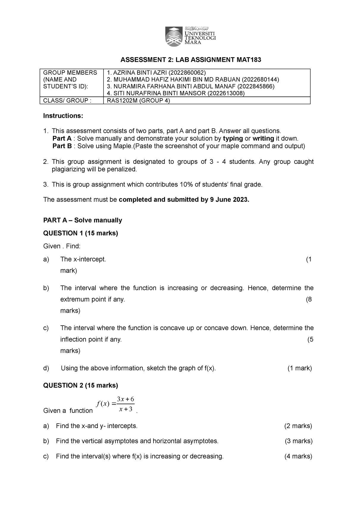 Assessment 2 Question MAT183 MAC2023 - ASSESSMENT 2: LAB ASSIGNMENT MAT ...