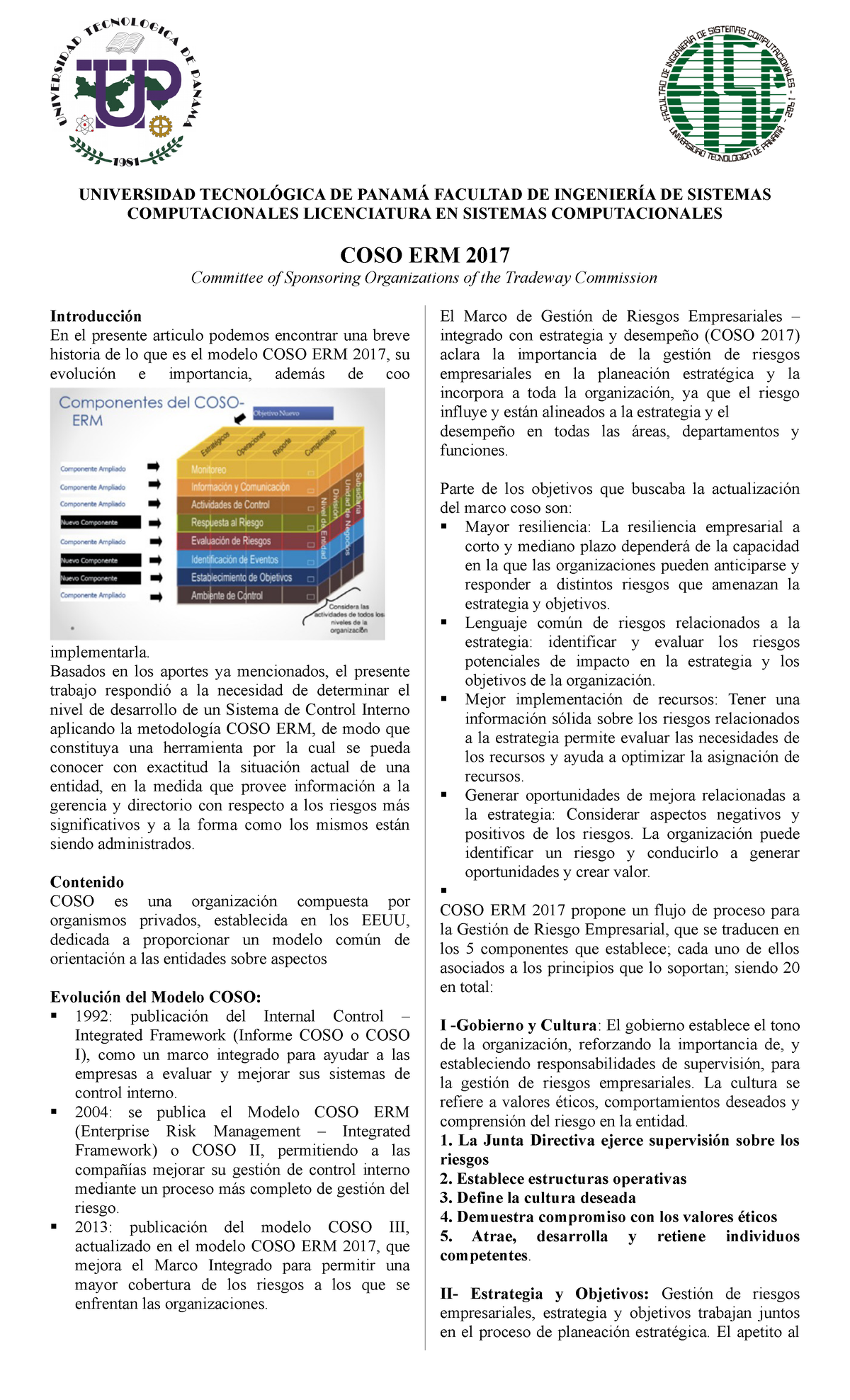 COSO ERM Artículo 2 - REVISION fINAL - UNIVERSIDAD TECNOLÓGICA DE PANAMÁ  FACULTAD DE INGENIERÍA DE - Studocu