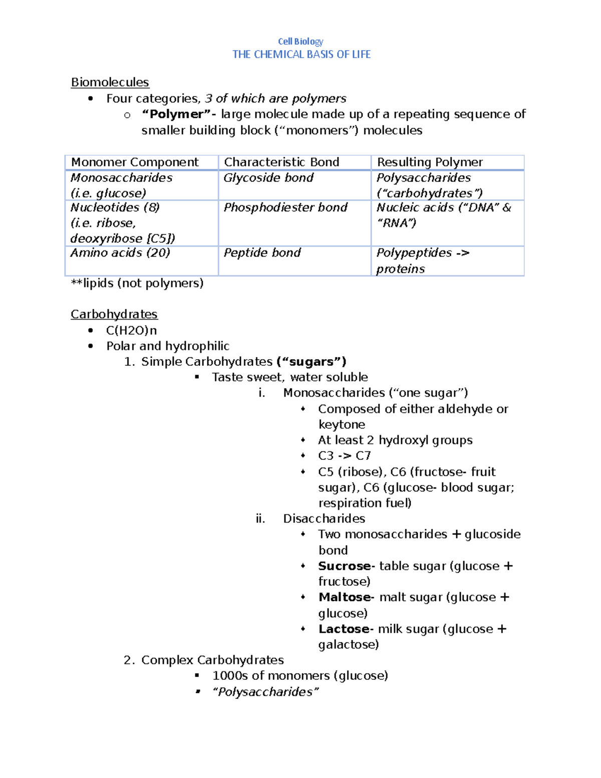 Biomolecules Lecture notes THE CHEMICAL BASIS OF LIFE Biomolecules