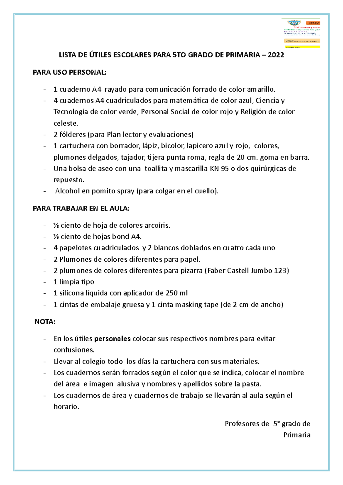 Lista DE Utiles Escolares PARA EL 5° 2022 LISTA DE ÚTILES ESCOLARES