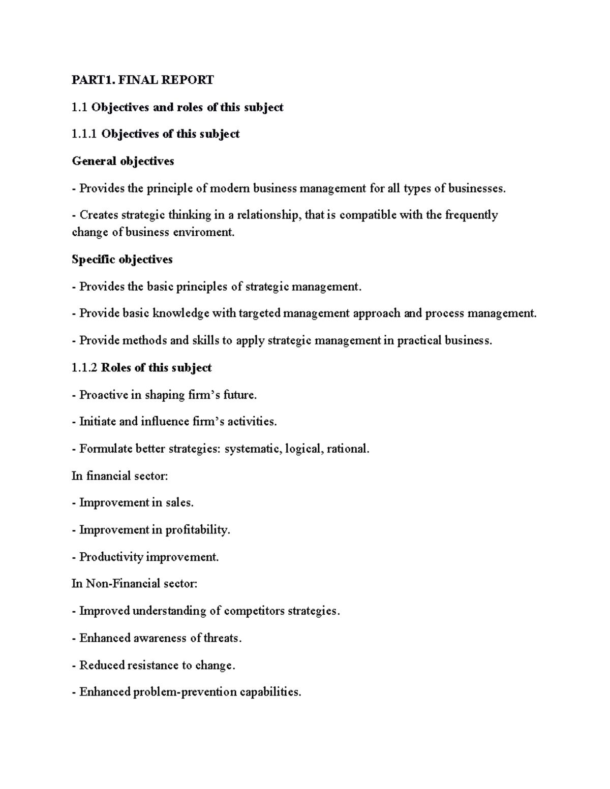 Strategic Management - PART1. FINAL REPORT 1 Objectives and roles of ...