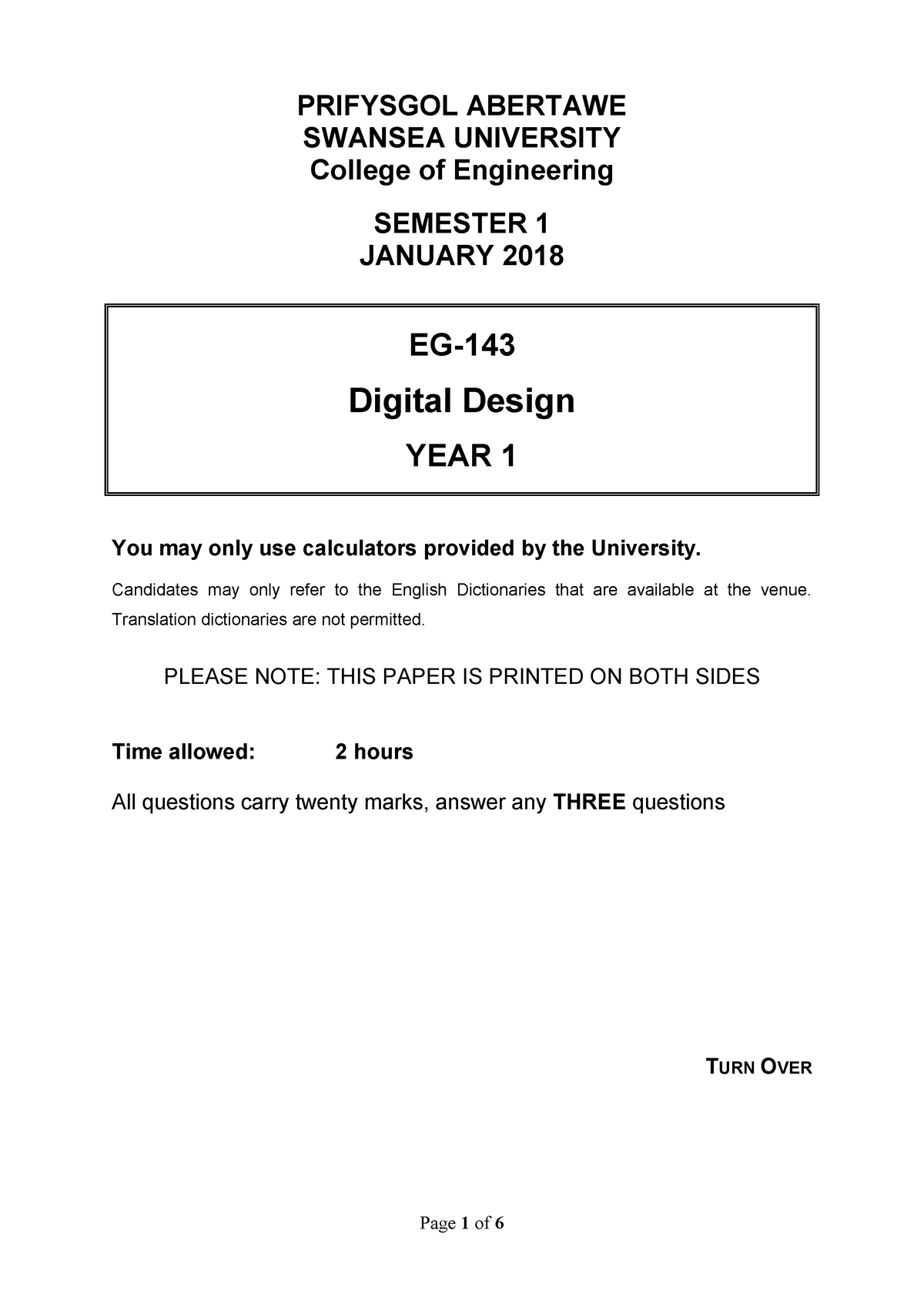 Exam 2017, Questions - PRIFYSGOL ABERTAWE SWANSEA UNIVERSITY College Of ...