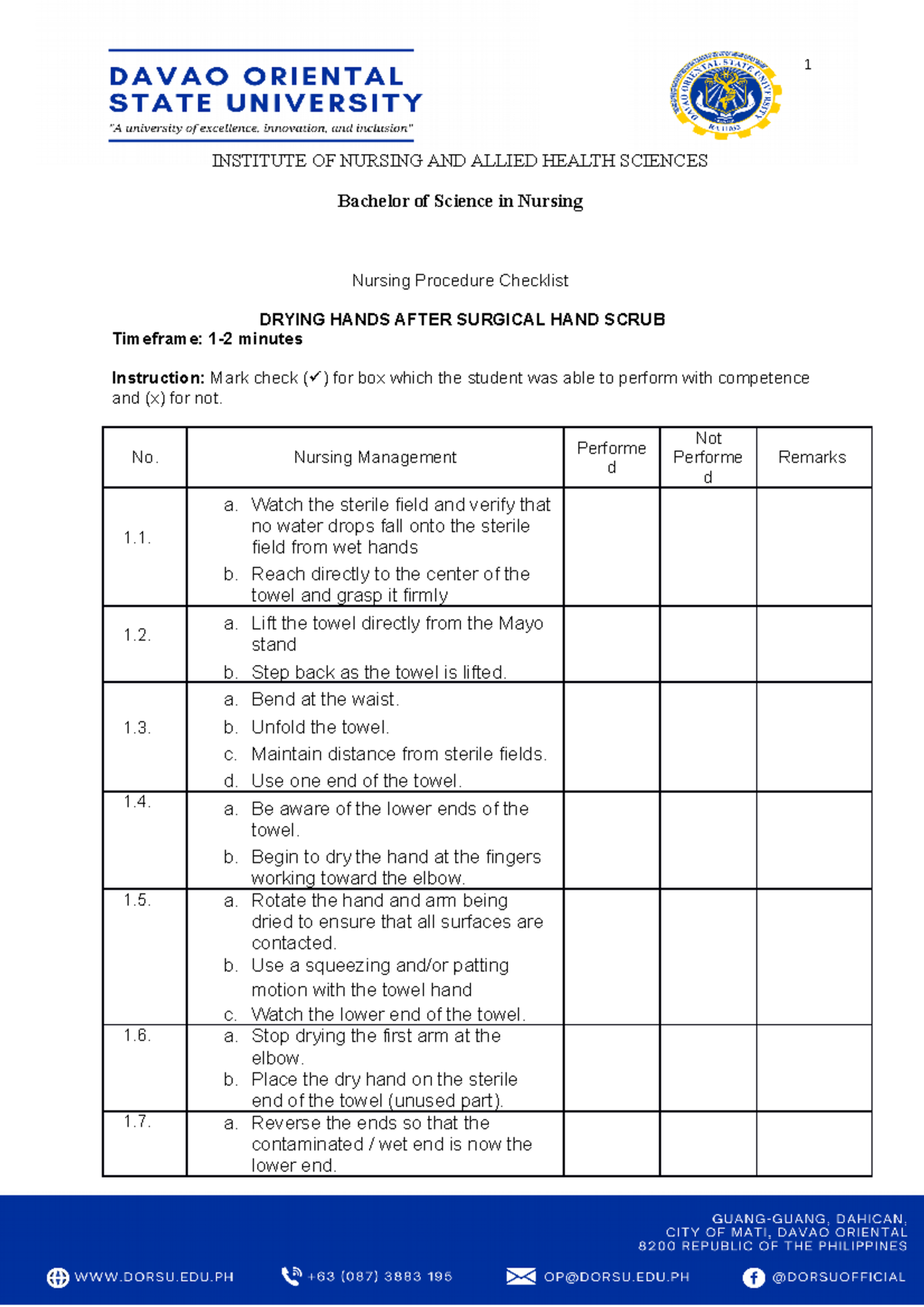 Drying Hands After Surgical Hanscrub Checklist 1 INSTITUTE OF NURSING