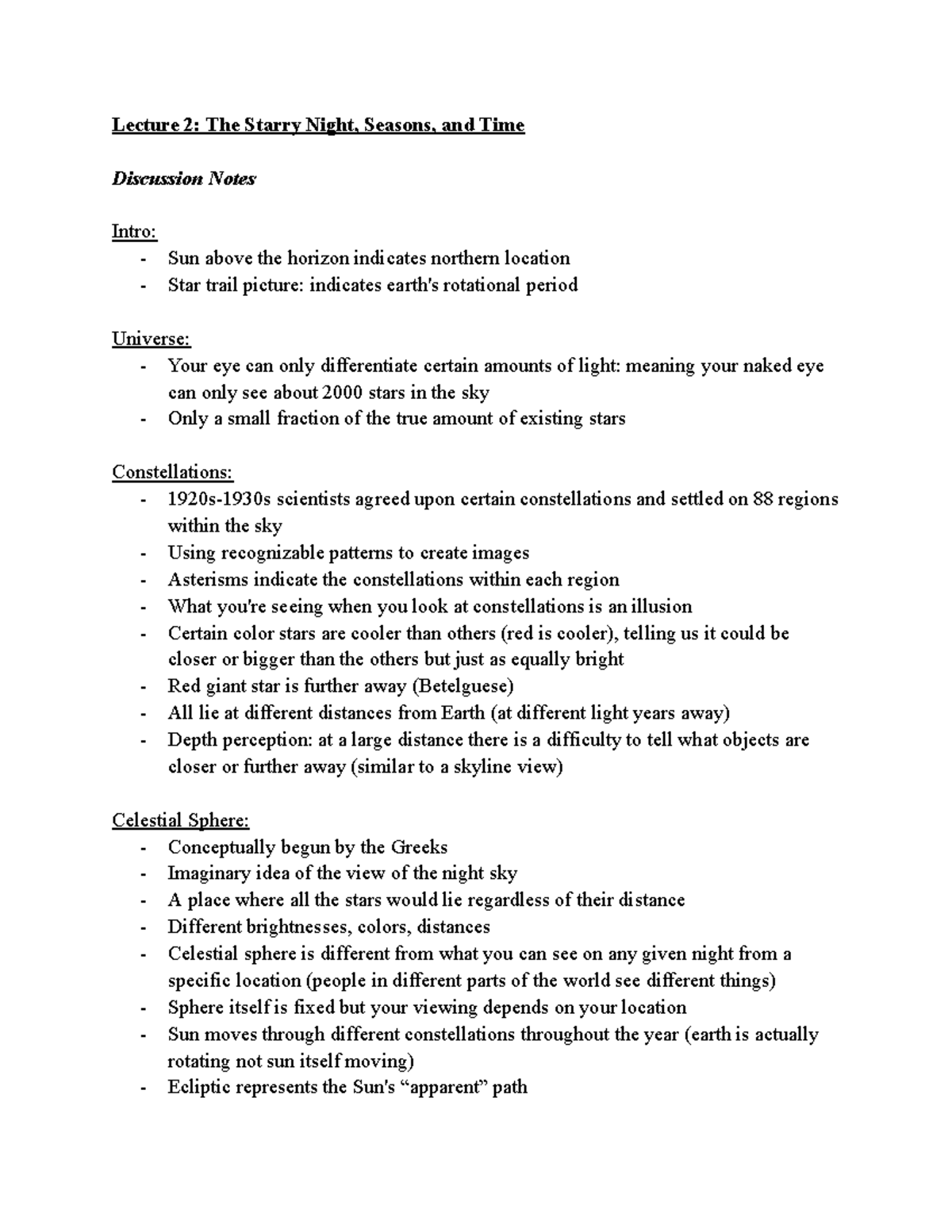 ASTR 114 - Lecture 2: The Starry Night, Seasons, And Time Discussion ...