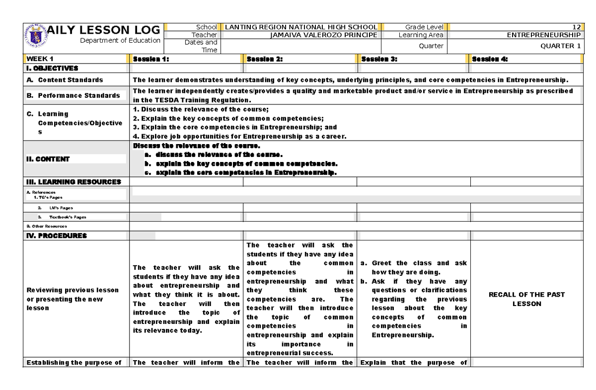 Entrep Q1 WEEK1 - dll - DAILY LESSON LOG Department of Education School ...