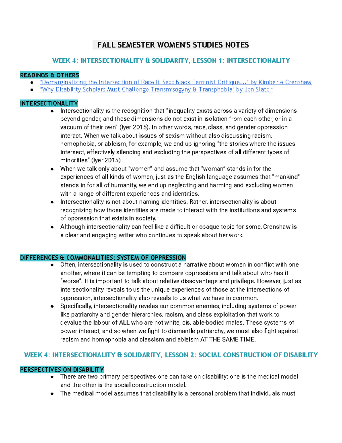 Week 4 - Intersectionality & Solidarity - FALL SEMESTER WOMEN'S STUDIES ...