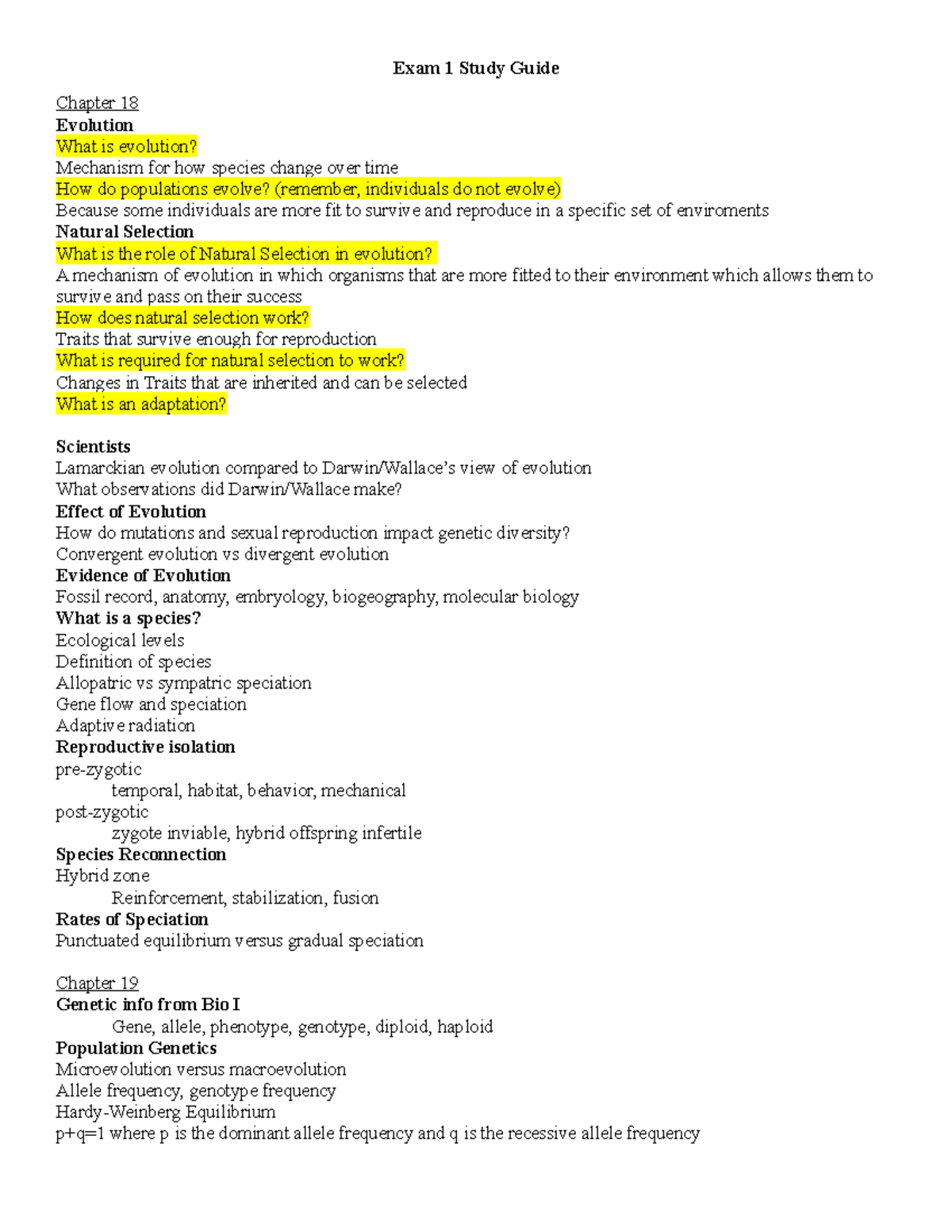 Exam 1 Study Guide - Exam 1 Study Guide Chapter 18 Evolution What is ...
