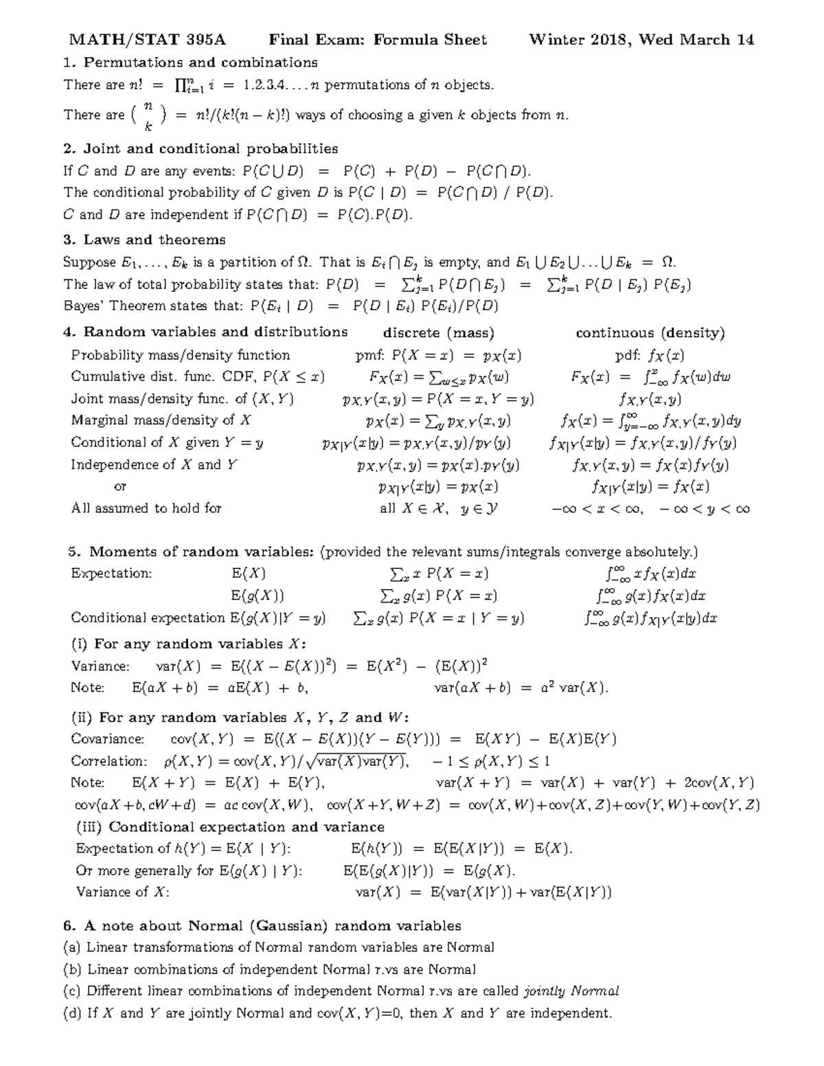 Summary 394 5 Contains List Of Formulas From Math 394 395 That You Will Need For Math 396 Studocu