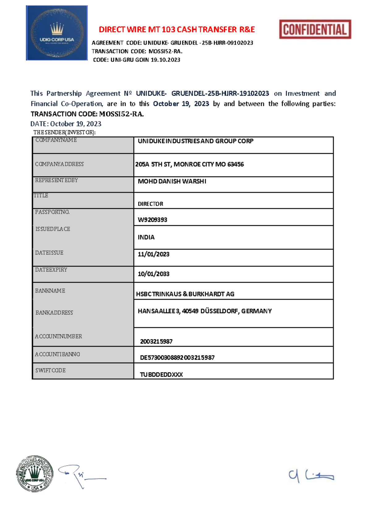 DOA. CASH- Transfer Contract- Uniduke- Gruendel 19102023 - DIRECT WIRE ...