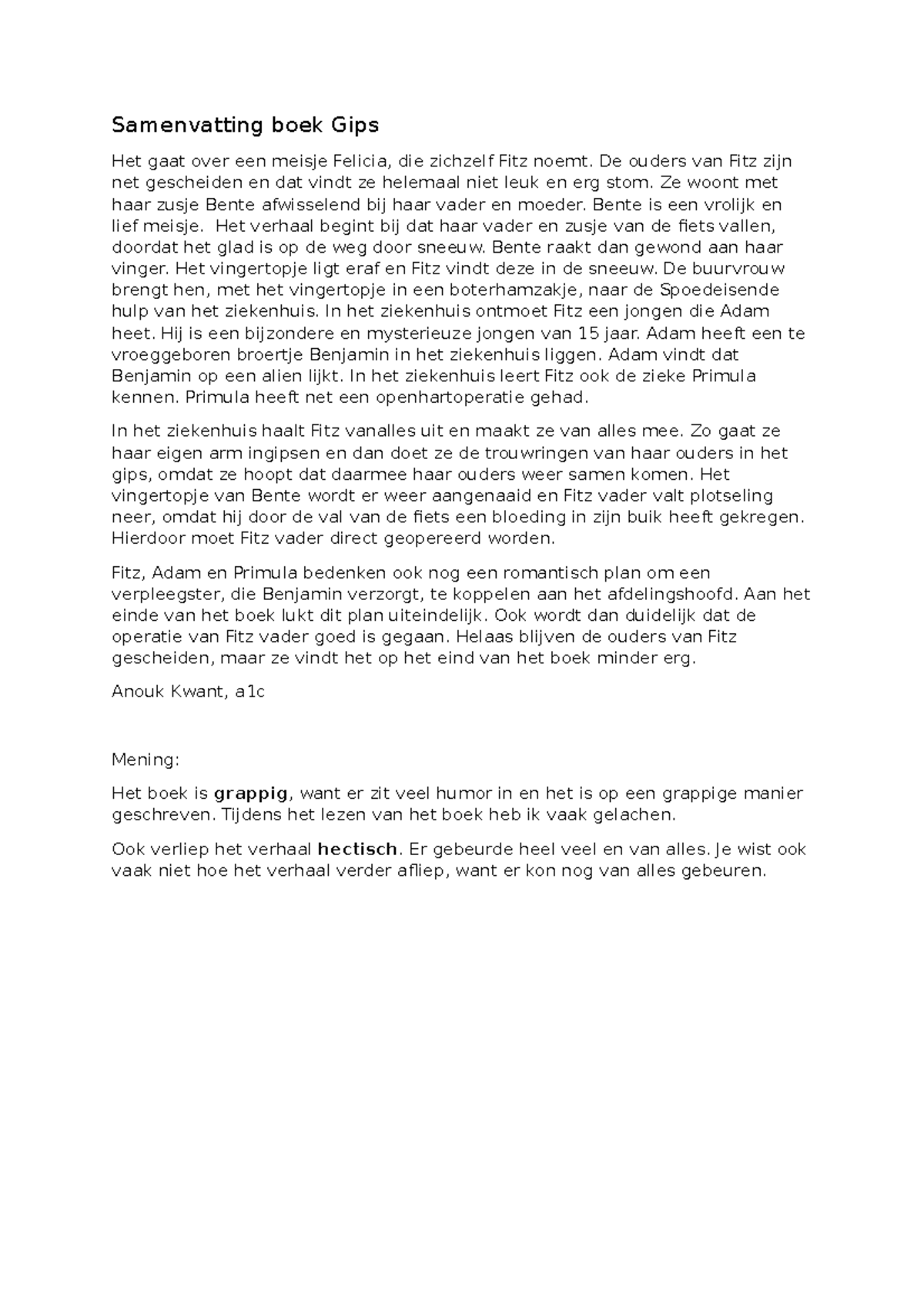 Samenvatting Gips Samenvatting Boek Gips Het Gaat Over Een Meisje