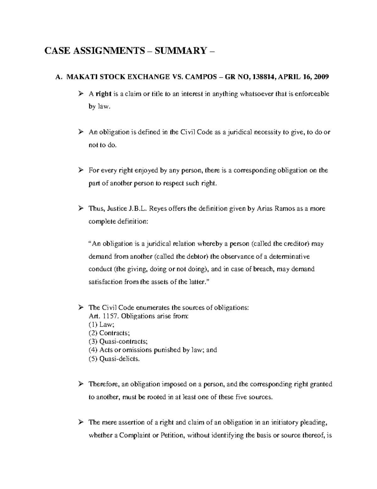 CASE Readings1 CASE ASSIGNMENTS SUMMARY A. MAKATI STOCK