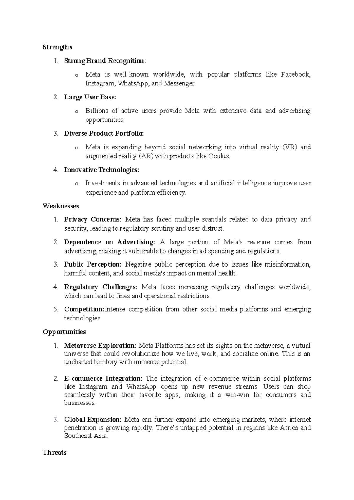 Swot - ..... - Strengths 1. Strong Brand Recognition: o Meta is well ...
