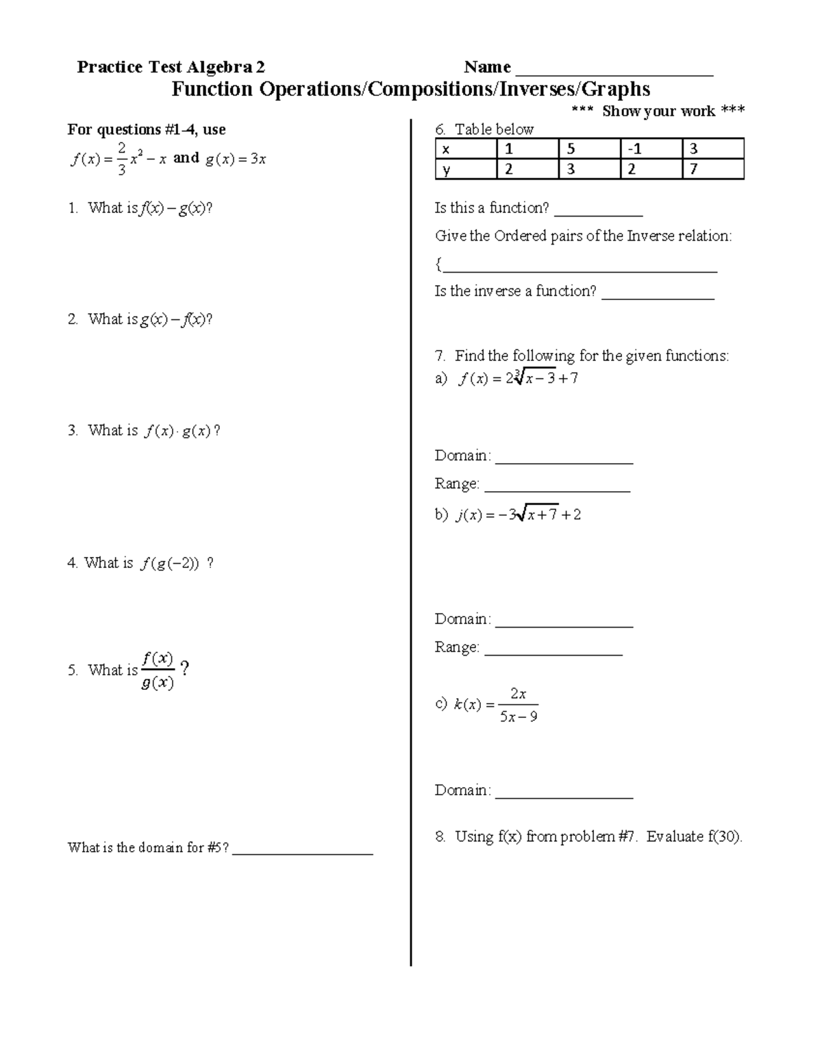 HW+-+Revised+Functions+Practice+Test - Practice Test Algebra 2 Name