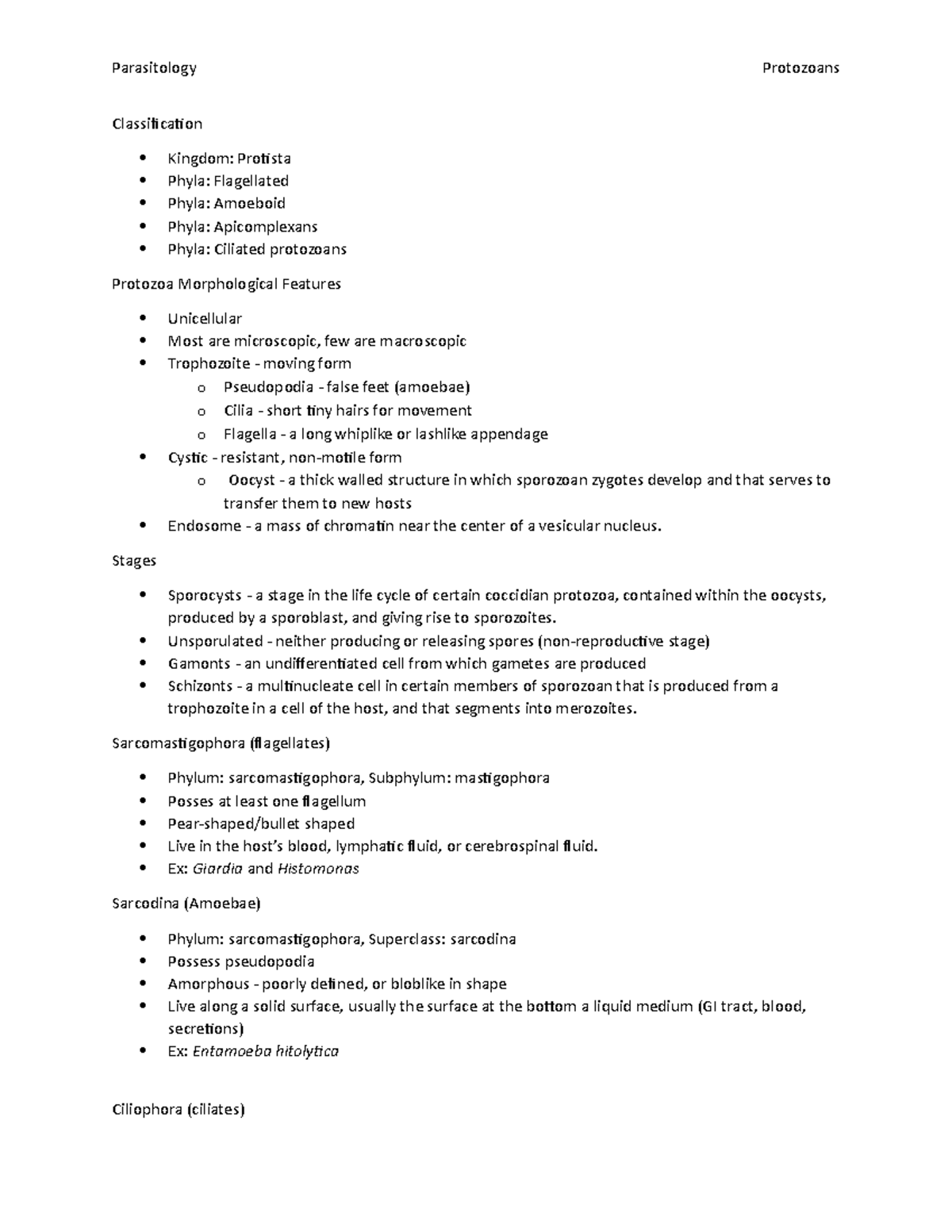 Protozoans - Lecture notes 10 - Parasitology Protozoans Classification ...