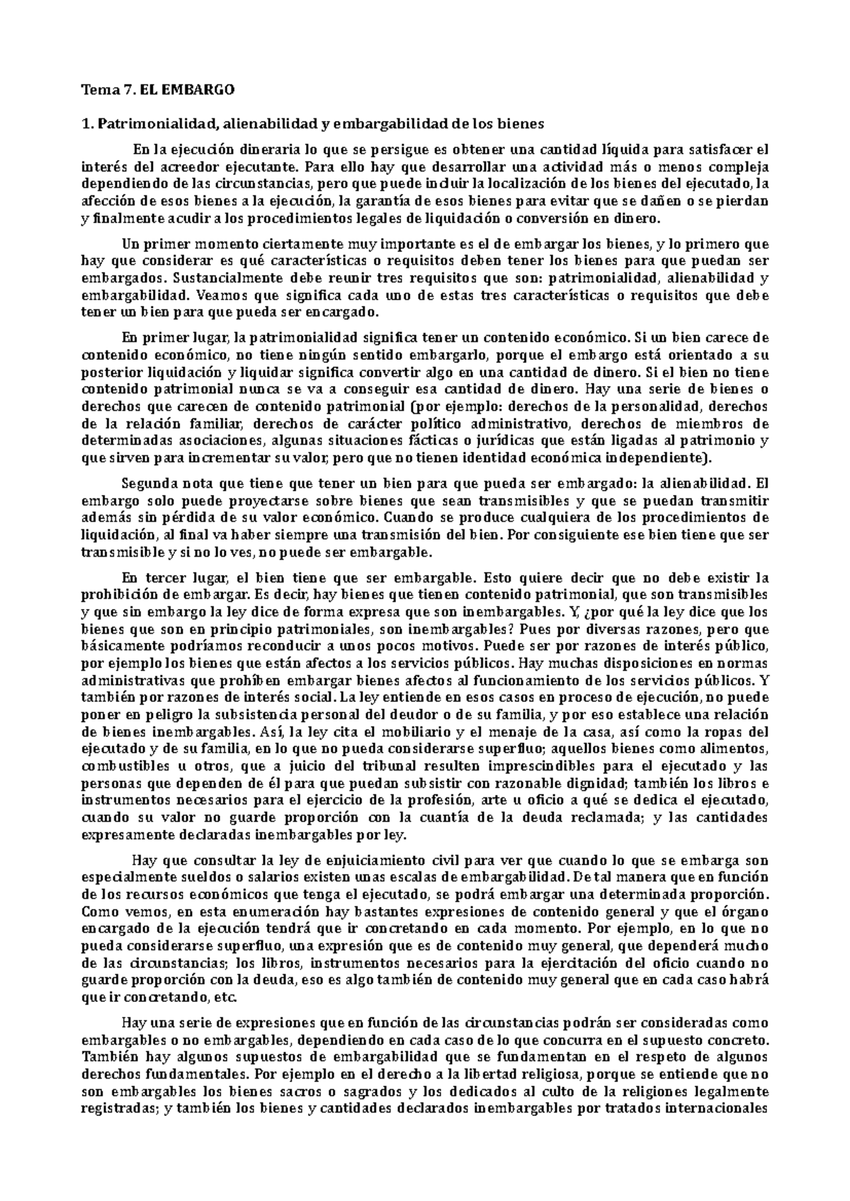 Tema 7 Derecho Procesal II - Tema 7. EL EMBARGO Patrimonialidad ...