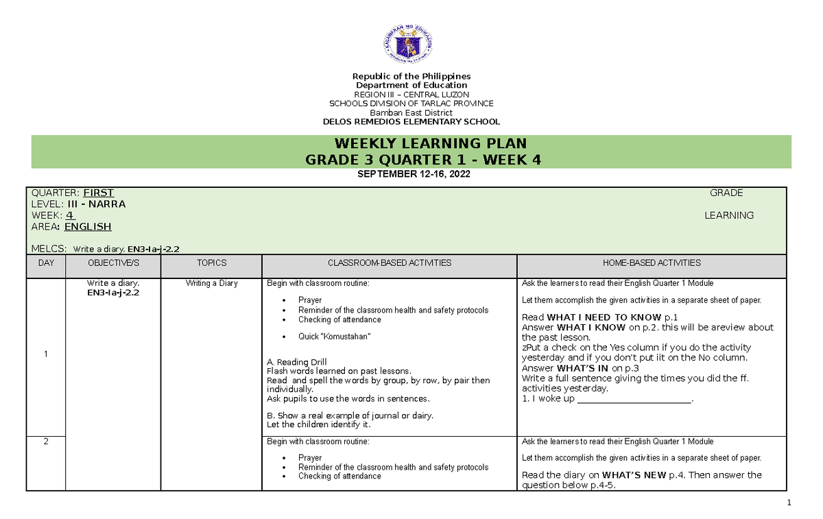 WLP GR3 WK4 Q1 - Weekly Home Learning Plan - Republic Of The ...