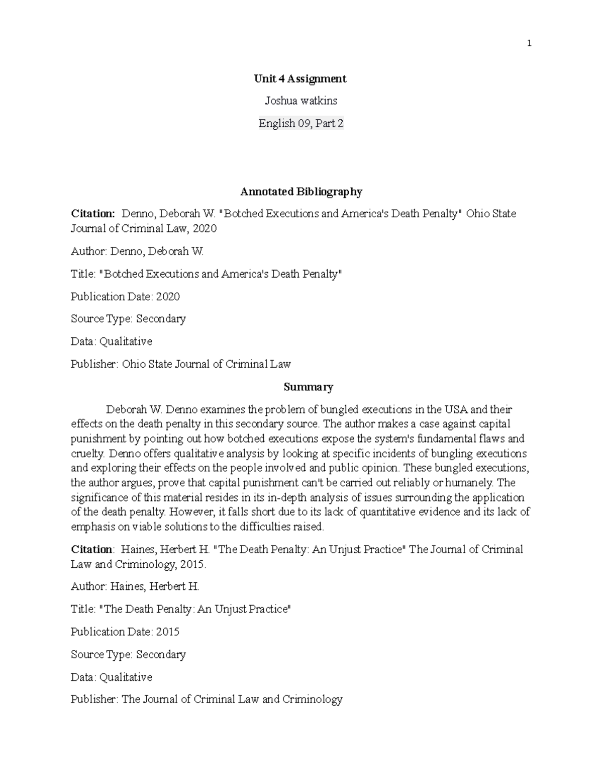 Assigment 4 - well detailed - Unit 4 Assignment Joshua watkins English ...