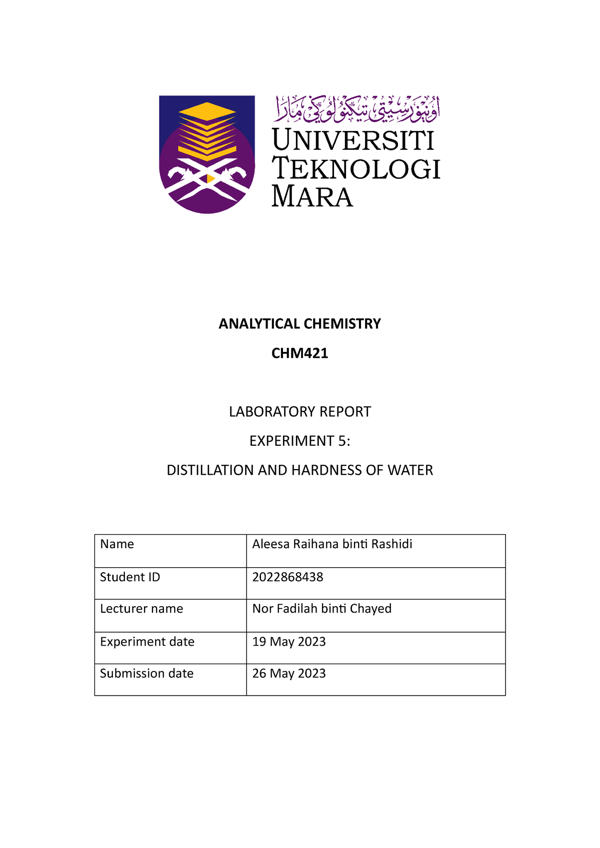 Lab Report Exp 5 CHM421 - ANALYTICAL CHEMISTRY CHM LABORATORY REPORT ...