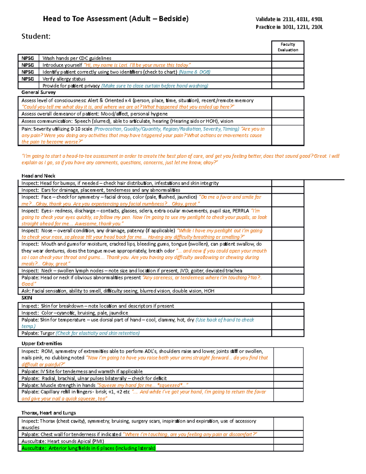 Head To Toe Assessment With Notes Head To Toe Assessment Adult 