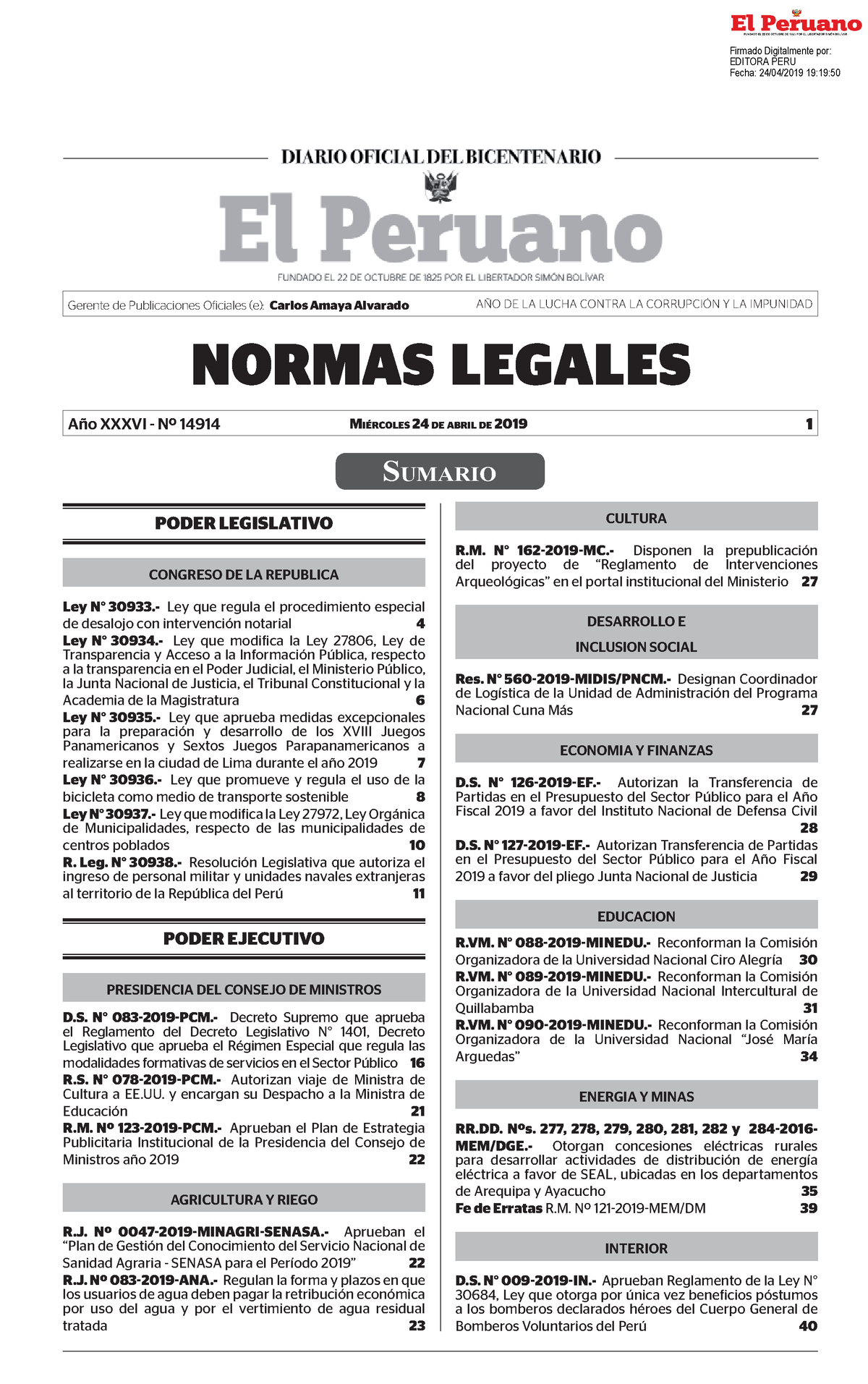 Normas Legales - IMPORTANTE - SUMARIO ####### MIÉRCOLES 24 DE ABRIL DE ...