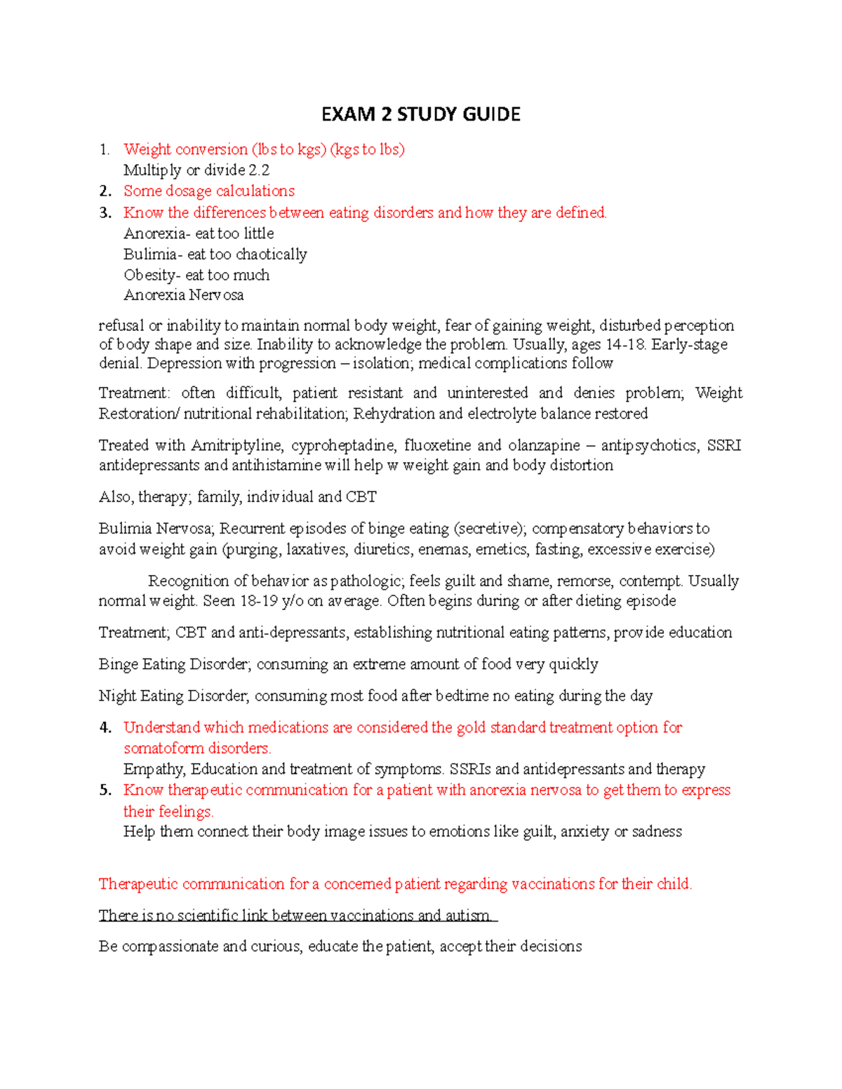 EXAM 2 Study Guide - EXAM 2 STUDY GUIDE Weight conversion (lbs to kgs ...