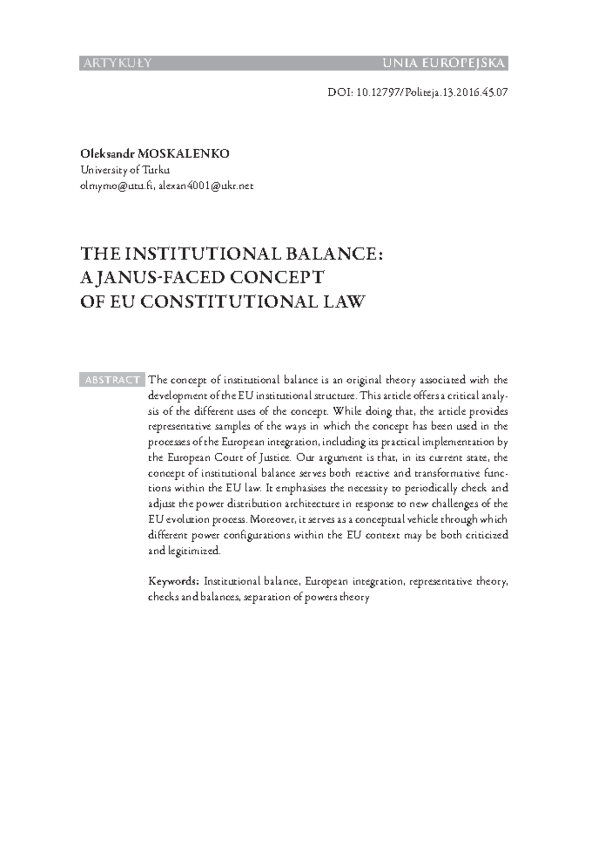 The Institutional Balance a Janus-faced concept of - Artykuły uniA ...