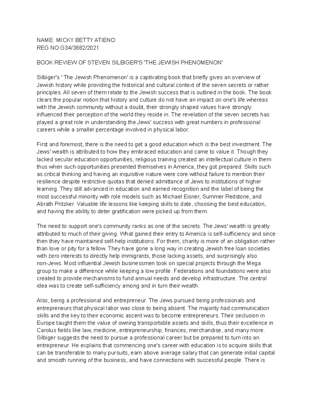 BOOK Review OF Steven Sibiger'S 'THE Jewish Phenomenon' - NAME: MICKY ...