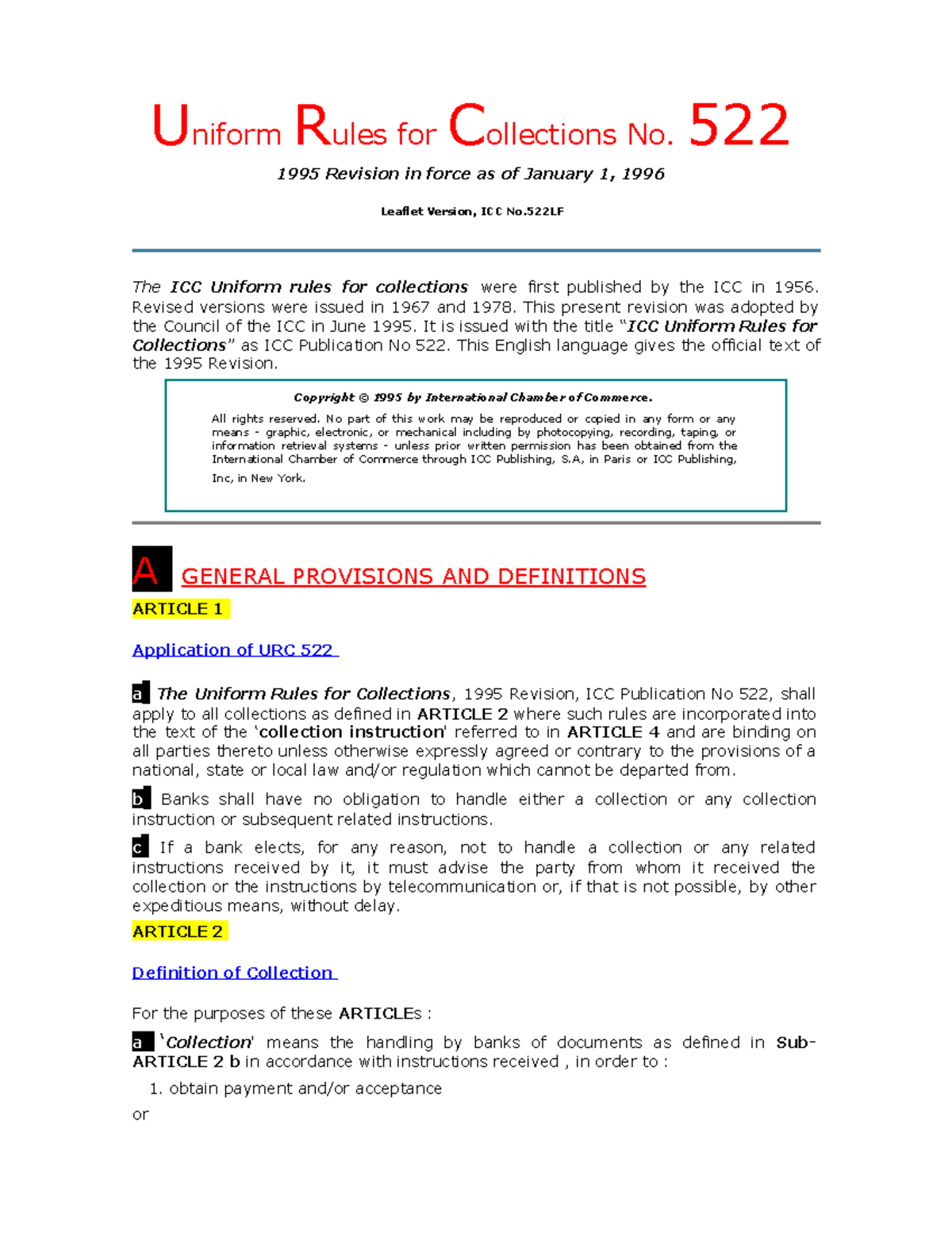 1 1.URC_522 Uniform Rules for Collections No. 522 1995 Revision in