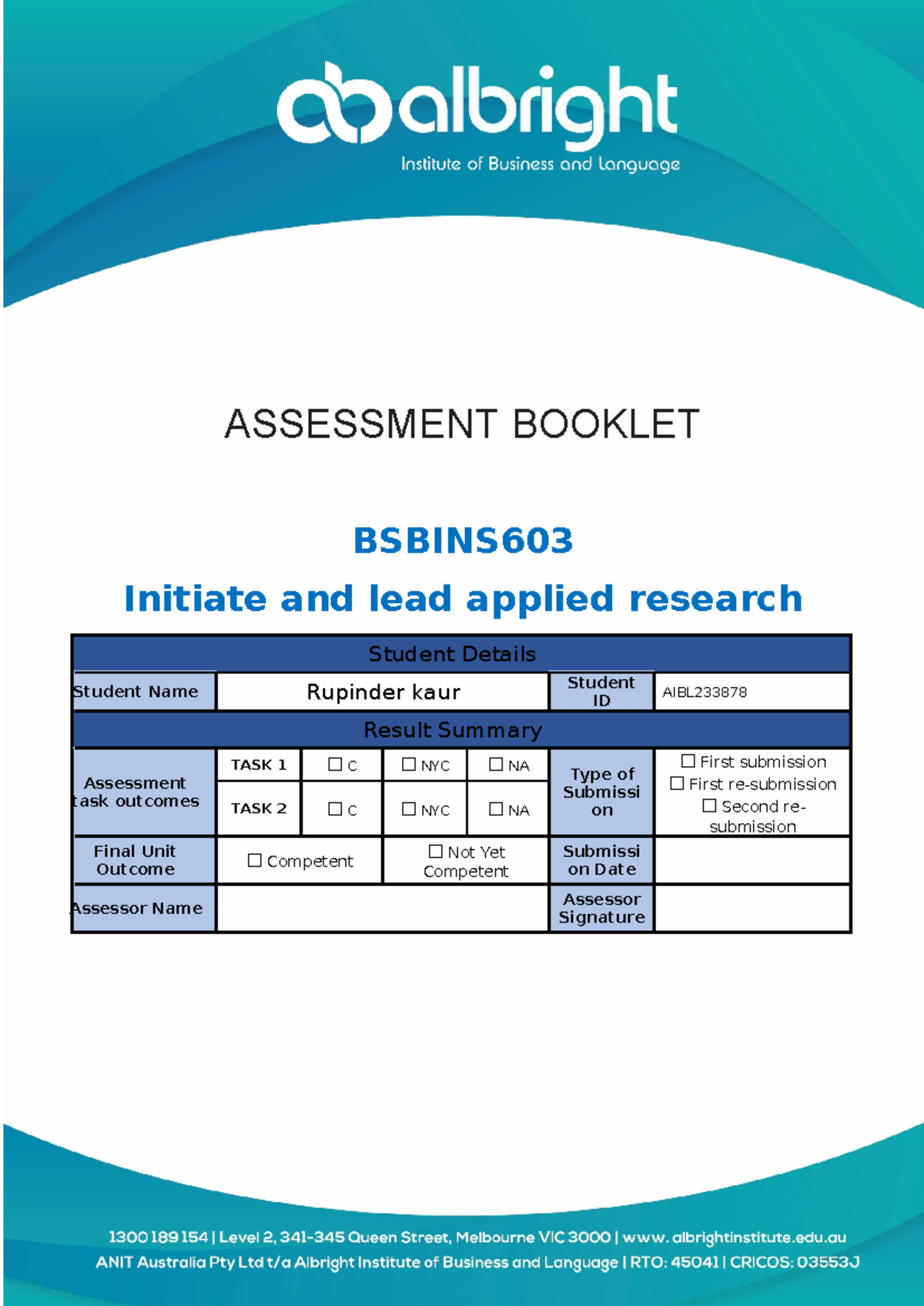 Assignment 1 and 2 - project - ASSESSMENT BOOKLET BSBINS Initiate and ...