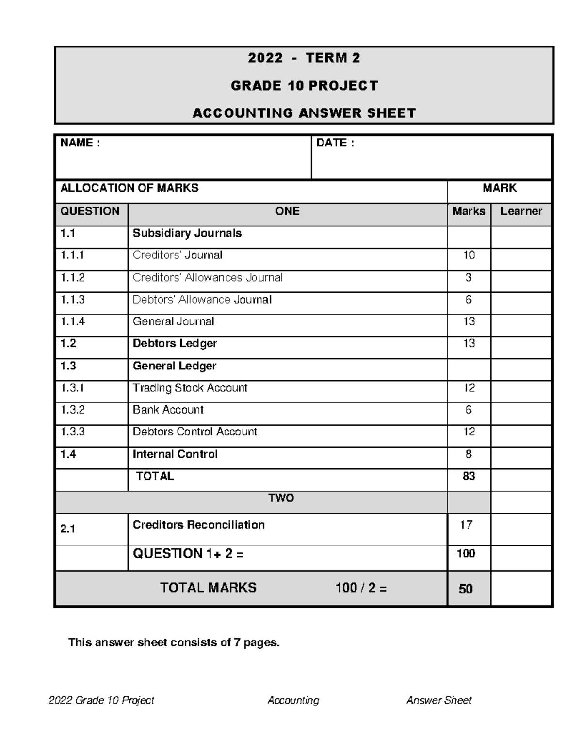 2022 Accounting Gr 10 Project AB 2022 TERM 2 GRADE 10 PROJECT