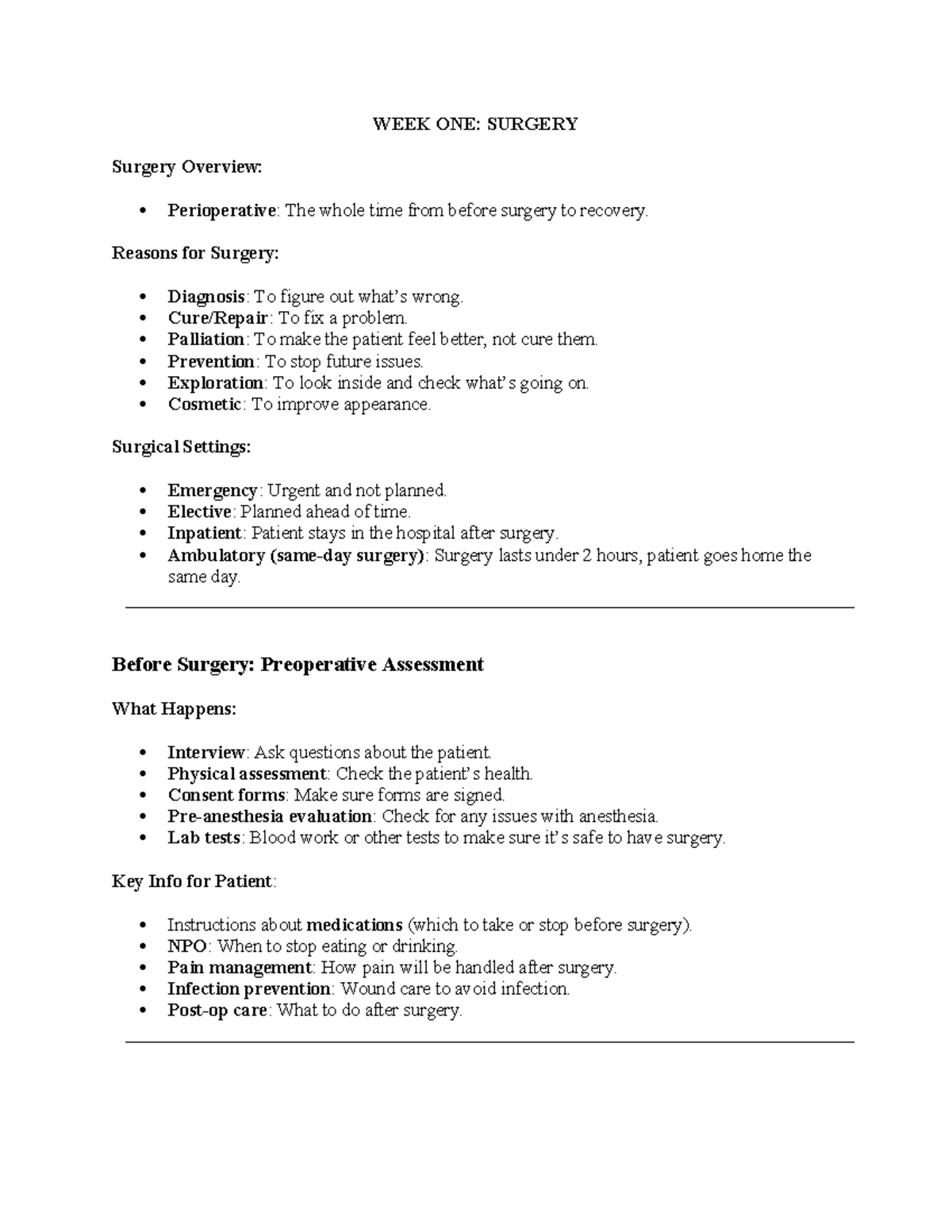 H&H 3 ( Weeks 1-4) - 1-4 - WEEK ONE: SURGERY Surgery Overview ...
