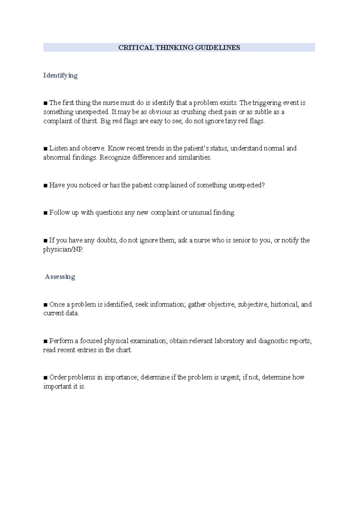 Critical Thinking Guidelines - CRITICAL THINKING GUIDELINES Identifying ...