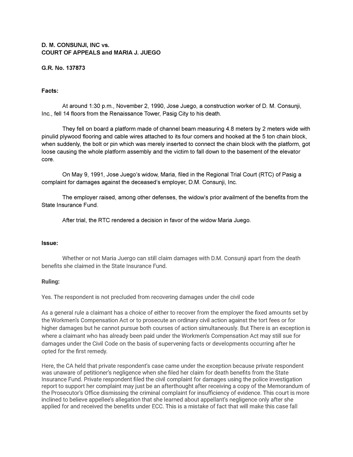 Consuji vs CA G.R. 137873 - D. M. CONSUNJI, INC vs. COURT OF APPEALS ...