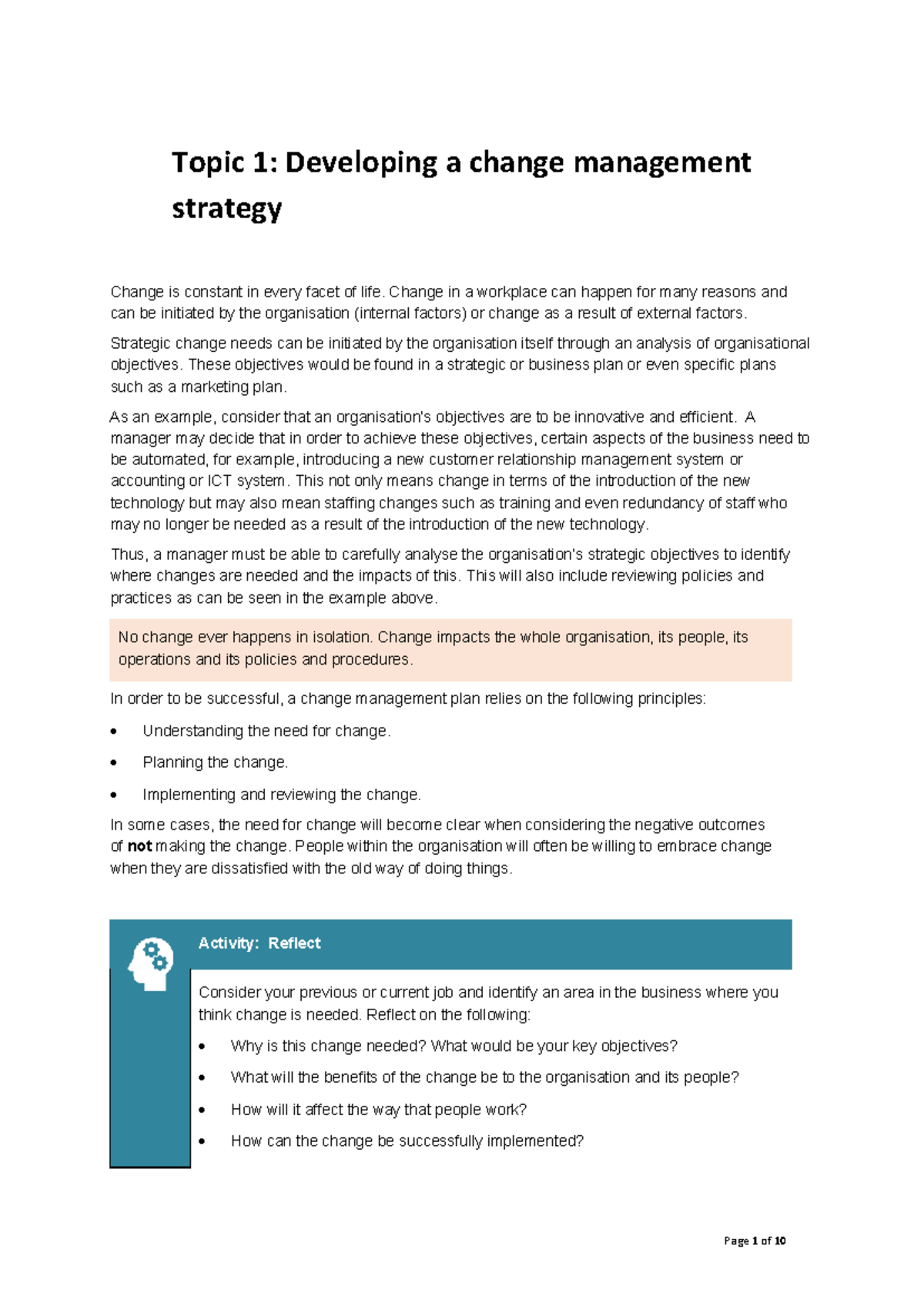 Topic 1-Developing a change management strategy - Topic 1: Developing a ...