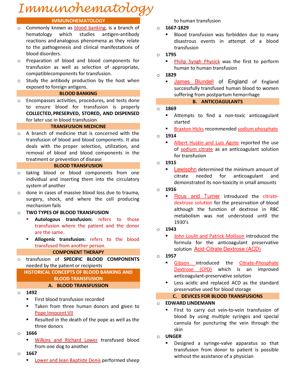 Blood bank lecture trans - Immunohematology IMMUNOHEMATOLOGY o Commonly ...